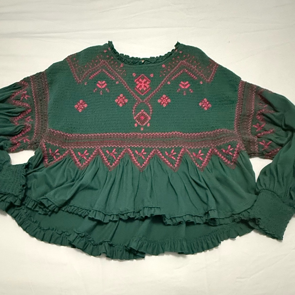 Free People Green and Pink Embroidered Blouse